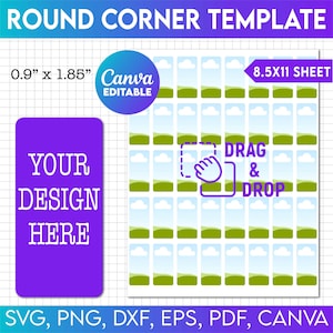 May include: A printable template for creating round corner stickers. The template features a repeating pattern of green hills, white clouds, and a blue sky. The template is designed for use with Canva and includes instructions to drag and drop your design onto the template. The template is 8.5 inches by 11 inches and includes 36 stickers that are 0.9 inches by 1.85 inches.
