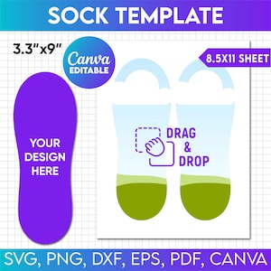 Puede incluir: Diseño de plantilla de calcetín con el texto "SOCK TEMPLATE" en la parte superior. La plantilla incluye un diseño de calcetín morado de 8,38 cm x 22,86 cm y un par de diseños de calcetines en una hoja de 21,59 cm x 27,94 cm. El texto "YOUR DESIGN HERE" es visible.