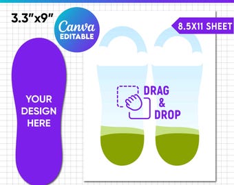 May include: Sock template design with the text "SOCK TEMPLATE" at the top. The template includes a purple sock design that is 3.3" x 9" and a pair of sock designs on an 8.5x11 sheet. The text "YOUR DESIGN HERE" is visible.