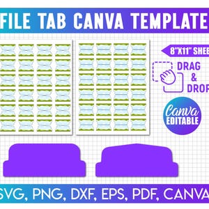 Pode incluir: Um modelo Canva digital de abas de arquivo com o texto "FILE TAB CANVA TEMPLATE". O design inclui duas folhas de abas de arquivo, um ícone roxo de arrastar e soltar e o texto "Canva Editable". A folha tem 20,32 cm x 27,94 cm.