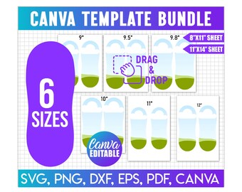May include: A Canva template bundle graphic with the text "CANVA TEMPLATE BUNDLE". The graphic includes six sizes, ranging from 9" to 12", and features the text "DRAG & DROP" and "CANVA EDITABLE". The graphic also includes the text "SVG, PNG, DXF, EPS, PDF, CANVA".