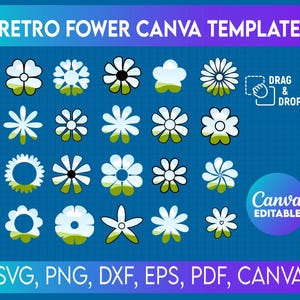 May include: A digital graphic design template featuring a collection of retro flower illustrations. The design includes various flower shapes in white, black, and green, set against a blue background. Text includes "RETRO FOWER CANVA TEMPLATE", "DRAG & DROP", and file type options.