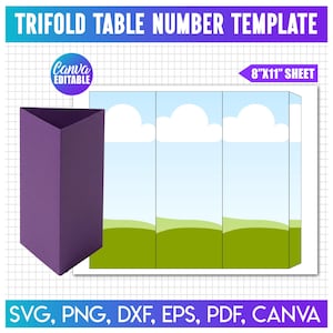 May include: A trifold table number template featuring a purple triangular prism and a flat sheet design with a blue sky, white clouds, and green hills. The text reads TRIFOLD TABLE NUMBER TEMPLATE, CANVA EDITABLE, and 8"X11" SHEET.