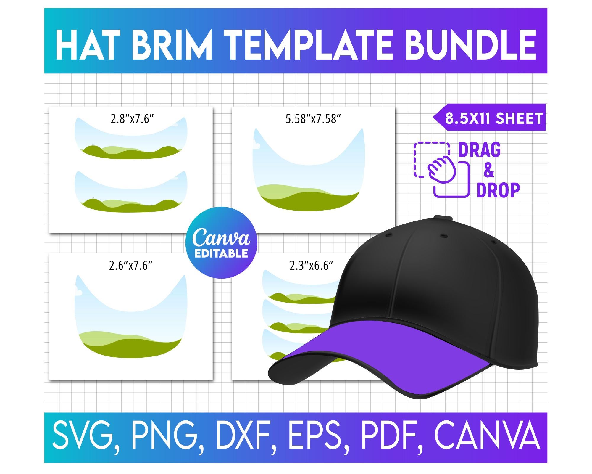 帽子のつばテンプレートバンドル、帽子のつばのSVG、野球帽のつばのテンプレート、トラッカーハットのテンプレート、空白の帽子のテンプレート、帽子のつばのSVG（Canvaで編集可能）  - Etsy 日本, image size:2001x1601