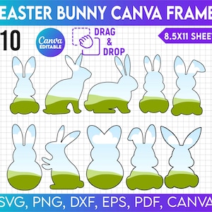 May include: A digital download of 10 printable Easter bunny frames for use in Canva. The frames are outlined in black and feature a bunny silhouette with a blue sky and green grass background. The text "DRAG & DROP" is included in the image. The text "8.5X11 SHEET" is also included in the image.