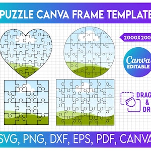 以下が含まれることがあります： Canva 用の 4 つのジグソーパズルフレームテンプレートのセット。テンプレートは、ハート、円、2 つの正方形の形をしています。各テンプレートには、白い雲のある青い空、緑の草、黒いパズルのアウトラインが描かれています。画像には「DRAG & DROP」というテキストが含まれています。
