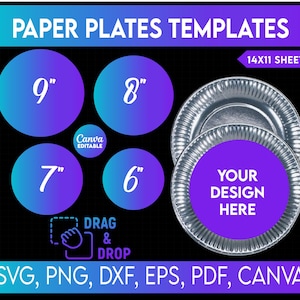 Puede incluir: Gráfico de plantillas de platos de papel con tamaños de 15 cm, 18 cm, 20 cm y 23 cm en un degradado azul y morado. El texto incluye "Paper Plates Templates", "Drag & Drop" y "Your Design Here". También se muestran opciones de tipo de archivo.