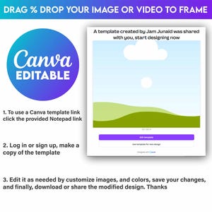 Pode incluir: Um modelo Canva com um logotipo azul, roxo e branco. O modelo &eacute; uma cena de paisagem com um c&eacute;u azul, nuvens brancas e colinas verdes. O texto "Um modelo criado por Jam Junaid foi compartilhado com voc&ecirc;, comece a projetar agora" &eacute; exibido acima da cena. Um bot&atilde;o roxo com o texto "Editar modelo" est&aacute; abaixo da cena.