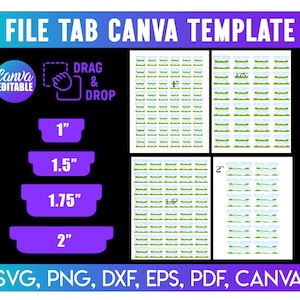 Può includere: Un modello Canva per schede file con forme viola etichettate 1 pollice, 1,5 pollici, 1,75 pollici e 2 pollici. La grafica include fogli di schede stampabili, un'icona Canva modificabile e testo che elenca i formati SVG, PNG, DXF, EPS, PDF e Canva.