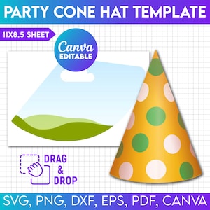 Party Cone Hat Template Svg, Paper Hat Template, No Glue Party Hat Template, Canva Editable, Party Hat Template, Party Hat Svg, Birthday Hat