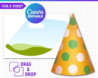 Party Cone Hat Template Svg, Paper Hat Template, No Glue Party Hat Template, Canva Editable, Party Hat Template, Party Hat Svg, Birthday Hat