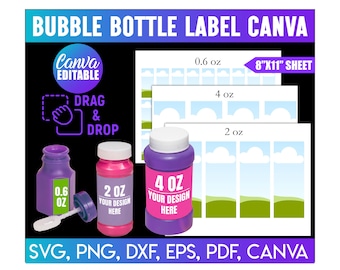 Modello di etichetta per bottiglia di bolle, etichetta per bacchette per bolle, bomboniera per feste per bambini, svg, png, modificabile con Canva, etichetta per bottiglia di bolle da 0,6 oz, 2 oz, 4 oz