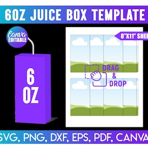 May include: A purple 6 oz juice box template with the text "6OZ JUICE BOX TEMPLATE". The design includes a "Canva Editable" logo and a section labeled "8"x11" SHEET". Instructions for "DRAG & DROP" are also included. File formats: SVG, PNG, DXF, EPS, PDF, CANVA.