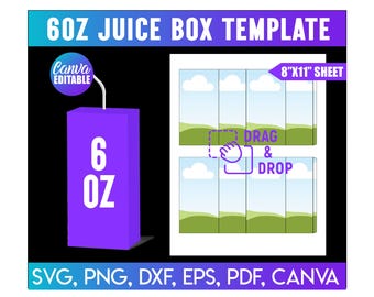Könnte beinhalten: Eine lila 177 ml Saftbox-Vorlage mit dem Text "6OZ JUICE BOX TEMPLATE". Das Design enthält ein "Canva Editable"-Logo und einen Abschnitt mit der Bezeichnung "8"x11" SHEET". Anweisungen für "DRAG & DROP" sind ebenfalls enthalten. Dateiformate: SVG, PNG, DXF, EPS, PDF, CANVA.