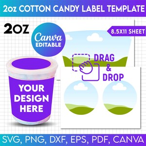 Op de afbeelding: Een afdrukbare sjabloon voor een 2oz katoensuikerlabel. De sjabloon heeft een blauwe lucht met witte wolken en groene heuvels. De tekst "DRAG & DROP" is inbegrepen in de sjabloon. De sjabloon is bewerkbaar in Canva.