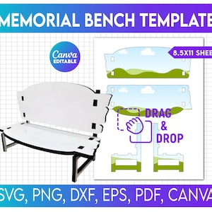 Puede incluir: Una plantilla de banco conmemorativo blanco con ribete negro, junto a un diagrama con el texto "DRAG & DROP". La imagen incluye el texto "MEMORIAL BENCH TEMPLATE" y opciones de tipo de archivo: SVG, PNG, DXF, EPS, PDF y CANVA.