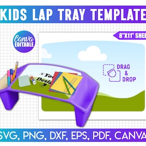 Puede incluir: Una plantilla de bandeja de regazo para niños de color morado con superficie blanca, marcador 'Your Design', papel de colores, lápices y pegamento. El gráfico incluye el texto 'KIDS LAP TRAY TEMPLATE', '8"X11" SHEET', 'CANVA EDITABLE' y 'DRAG & DROP'.
