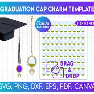 Puede incluir: Una plantilla de dije de gorro de graduación con el texto "GRADUATION CAP CHARM TEMPLATE". La imagen incluye un gorro de graduación negro, dos diseños de dijes y una hoja de gráficos ovalados. El texto "DRAG & DROP" también es visible. La imagen está etiquetada como una hoja de 8,5x11.