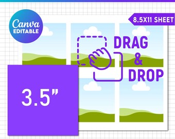 Può includere: Un modello digitale per creare immagini quadrate di 3,25 pollici. Il modello include sei quadrati con un cielo azzurro chiaro, nuvole bianche e colline verdi. Il modello è progettato per essere utilizzato con Canva e include istruzioni per trascinare e rilasciare immagini nei quadrati. Il modello è disponibile nei formati SVG, PNG, DXF, EPS, PDF e Canva.