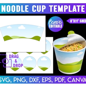 Pode incluir: Um modelo digital de copo de macarrão com design de paisagem, colinas verdes e nuvens em uma folha de 20,32 cm x 27,94 cm. O gráfico inclui um rótulo editável no Canva, uma interface de arrastar e soltar e um copo finalizado com tampa.