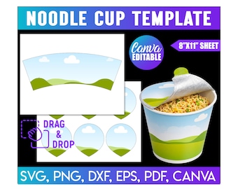 Noodle Cup Template Canva Editable, Instant Ramen Cup Label and Lid Template, Food Packaging Wrap, Canva Digital Download