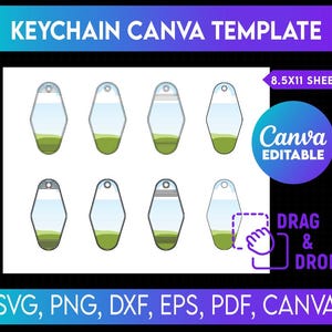 May include: A digital template for keychain designs. The image features a white background with a grid of keychain outlines, each with a green base. Text includes "KEYCHAIN CANVA TEMPLATE", "8.5X11 SHEET", "Canva EDITABLE", and "DRAG & DROP".