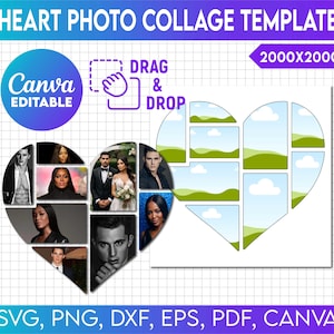 May include: A heart-shaped photo collage template with a grid of 14 photo spaces. The template is designed for use with Canva and is available in SVG, PNG, DXF, EPS, PDF, and Canva formats. The template is 2000 x 2000 pixels.