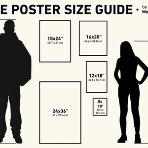 May include: A guide to poster sizes with silhouettes of a person standing 6 feet tall and another person standing 5 feet tall. The poster sizes are listed in inches and centimeters. The poster sizes are 8x10 inches, 12x18 inches, 16x20 inches, 18x24 inches, and 24x36 inches.