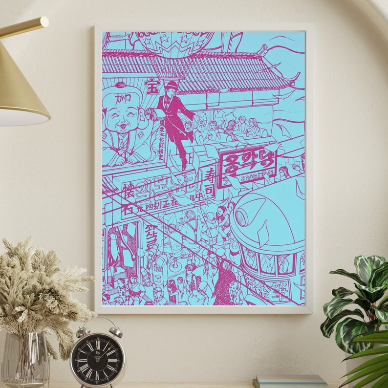 May include: A pink and blue illustration of a crowded street scene in Japan. The illustration features a large building with a sign that reads "Tokyo" in Japanese characters. There are people walking on the street, and a large, blue bus is driving down the street. The illustration is in a retro style.