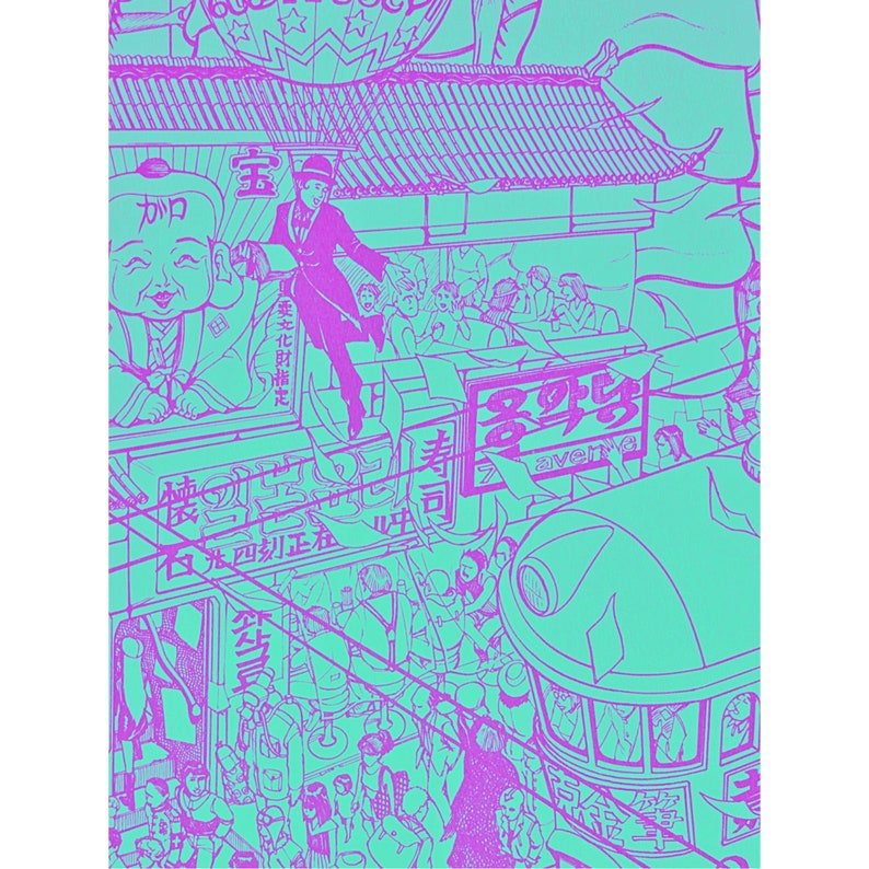 May include: A vibrant pink and turquoise illustration of a crowded street scene in Hong Kong. The image features a man in a top hat and suit, a streetcar, and various signs in Chinese characters.