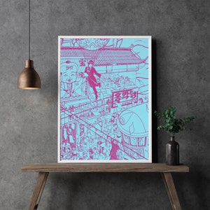 May include: A pink and blue illustration of a crowded street scene in Japan. The illustration features a man in a suit jumping from a building, a large sign with Japanese characters, and a streetcar.