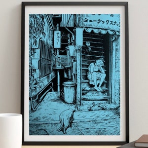 Cartel vintage de chica y gato, gato anime, cartel retro japonés, impresión manga, cartel de arte de los años 70, arte japonés, arte vintage, chica anime