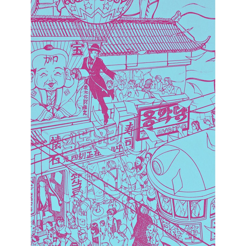May include: A vibrant pink and blue illustration of a bustling street scene in Hong Kong. The image features a streetcar, a man in a hat, and a variety of shops and signs with Japanese characters. The scene is full of energy and movement, with people walking and shopping.