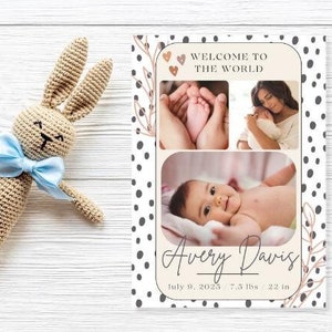Faire-part de naissance non sexiste pour nouveau-né carte à pois avec photo / Date de naissance et carte de statistiques de naissance en téléchargement numérique