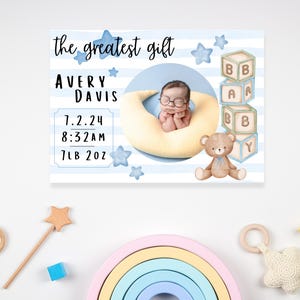 Faire-part de naissance non sexiste pour nouveau-né avec photo / Date de naissance et carte de statistiques de naissance en téléchargement numérique