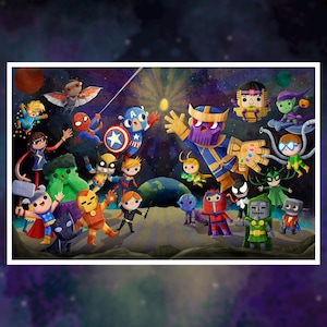 May include: A colorful illustration of various Marvel superheroes and villains, including Iron Man, Captain America, Hulk, Thor, Spider-Man, and Thanos, standing on a planet with a starry background.