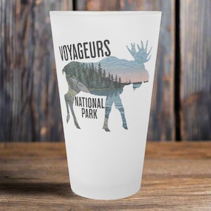 Voyageurs National Park Moose Frosted Pint Glass Outdoor Nature Inspired Drinkware Beer Cup