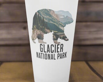 Glacier National Park Grizzly Bear Frosted Pint GlassOutdoor Nature Inspired Drinkware Montana Beer Cup
