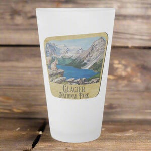 Glacier National Park Frosted Pint Glass Wood Sign Graphic Outdoor Nature Inspired Drinkware