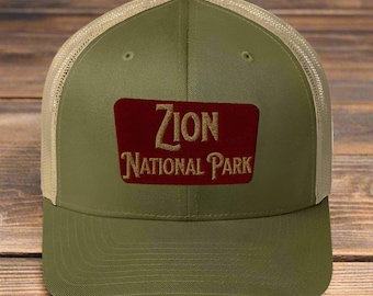 Zion National Park Sign Embroidered Trucker Cap Outdoor Nature Inspired Sewn Hat
