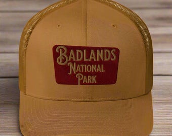 Badlands National Park Sign Embroidered Trucker Hat Sewn Outdoor Nature Cap