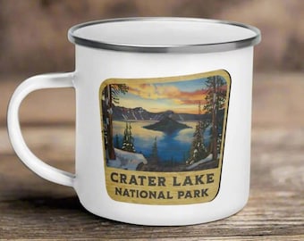 Crater Lake National Park Durable Enamel Camp Mug Oregon Camping Coffee Tea Cup Wood Sign Design