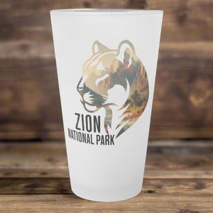 Zion National Park Mountain Lion Frosted Pint Glass Outdoor Nature Inspired Drinkware Beer Cup