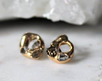 herkimer diamond earrings, diamond hoops, raw crystal studs, gold crystal earrings, textured gold earrings, raw diamond earrings