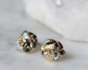 raw diamond earrings, pearl studs, herkimer diamond, gold earrings, gold studs, raw gemstone jewelry