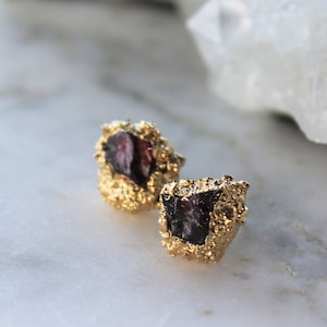 raw garnet earrings, january birthstone, rough garnet earrings, gold earrings, raw crystal earrings image 1