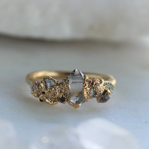 herkimer diamond ring, pearl ring, wedding jewelry, bridal jewelry, raw crystal jewelry, raw stone ring, June birthstone