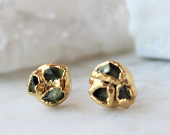 peridot stud earrings, peridot studs, gold earrings, gold studs, raw peridot, gifts for her, organic jewelry