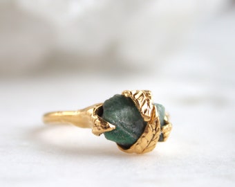 raw emerald ring, silver ring, leaf ring, prong set ring, plant lover, may birthstone, raw stone ring, gift for her, sterling silver