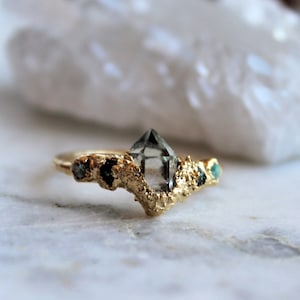 ON SALE herkimer diamond ring, raw crystal jewelry, emerald ring, raw emerald, raw stone ring, may birthstone